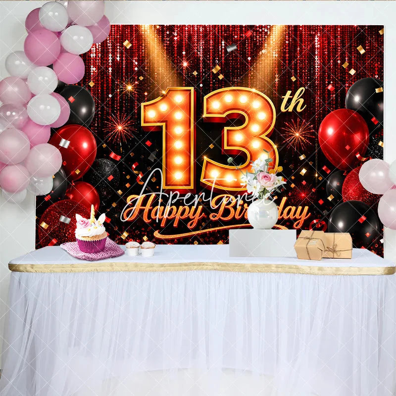 Aperturee - Aperturee Red and Black 13th Happy Birthday Backdrop Glitter Sequin Curtain with Balloons for Teenager Party Decor