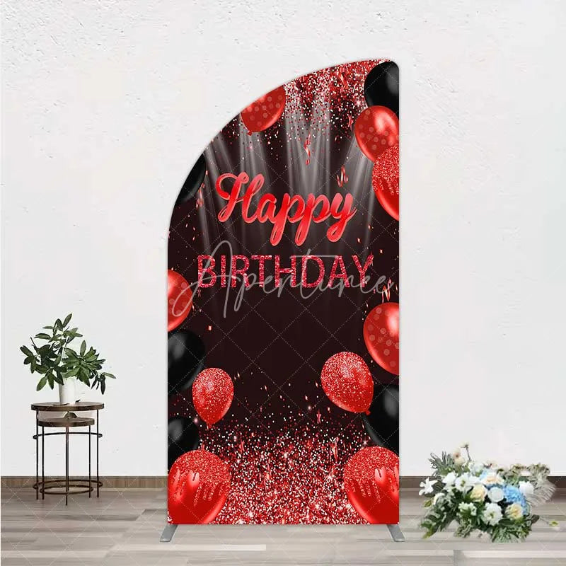Aperturee - Aperturee Red and Black Balloons Birthday Half Moon Arch Backdrop Glitter Sparkle Celebration Photography Background
