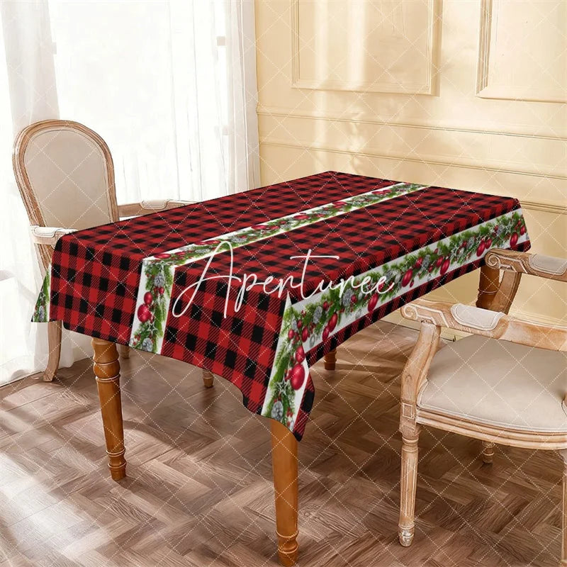Aperturee - Aperturee Red and Black Buffalo Plaid Christmas Rectangle Tablecloth Festive Garland with Pine Berries and Ornaments Decor