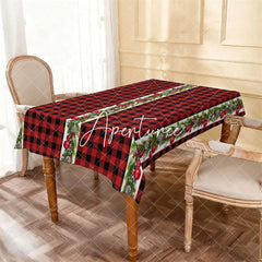 Aperturee - Aperturee Red and Black Buffalo Plaid Christmas Rectangle Tablecloth Festive Garland with Pine Berries and Ornaments Decor