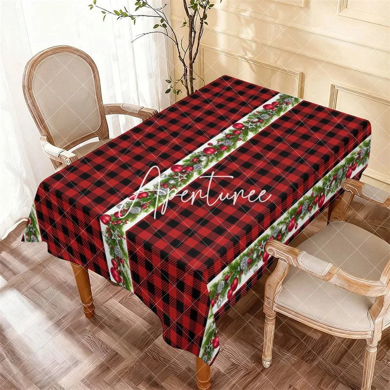 Aperturee - Aperturee Red and Black Buffalo Plaid Christmas Rectangle Tablecloth Festive Garland with Pine Berries and Ornaments Decor