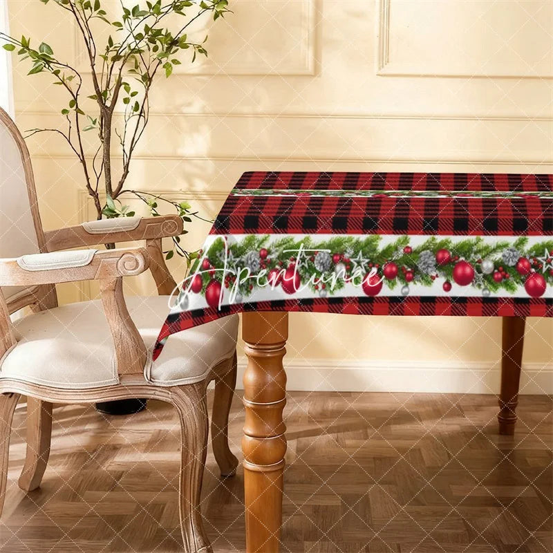 Aperturee - Aperturee Red and Black Buffalo Plaid Christmas Rectangle Tablecloth Festive Garland with Pine Berries and Ornaments Decor