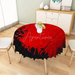 Aperturee - Aperturee Red and Black Halloween Round Tablecloth with Haunted Castle and Tombstones for Gothic Party Decor