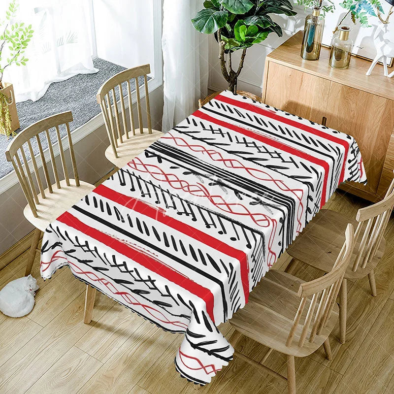 Aperturee - Aperturee Red and Black Tribal Rectangle Tablecloth Abstract Boho Line Art Modern Geometric Dining Room Kitchen Decor
