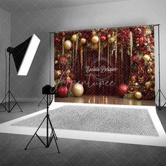 Aperturee - Aperturee Red and Gold Christmas Backdrop Glamour Floral Tinsel Curtain Photography Background