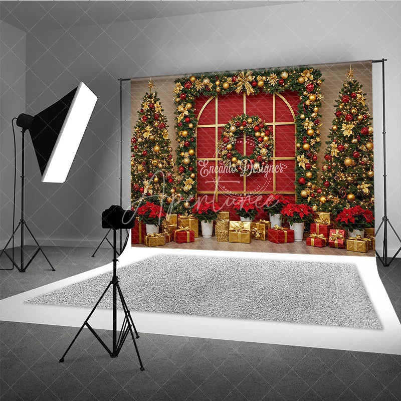Aperturee - Aperturee Red and Gold Christmas Photography Backdrop Elegant Arched Window with Garland Holiday Photo Background