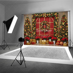 Aperturee - Aperturee Red and Gold Christmas Photography Backdrop Elegant Arched Window with Garland Holiday Photo Background