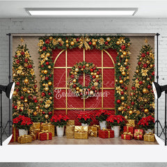 Aperturee - Aperturee Red and Gold Christmas Photography Backdrop Elegant Arched Window with Garland Holiday Photo Background