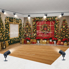 Aperturee - Aperturee Red and Gold Christmas Room Set Backdrop Elegant Holiday Wreath Decorated Xmas Trees Photo Props