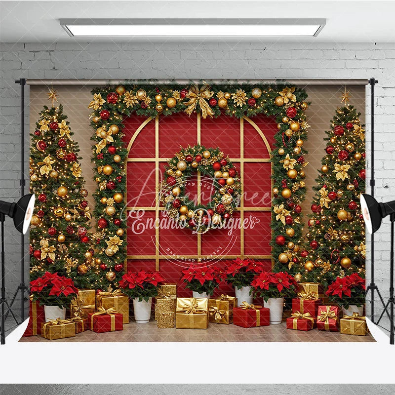 Aperturee - Aperturee Red and Gold Christmas Room Set Backdrop Elegant Holiday Wreath Decorated Xmas Trees Photo Props