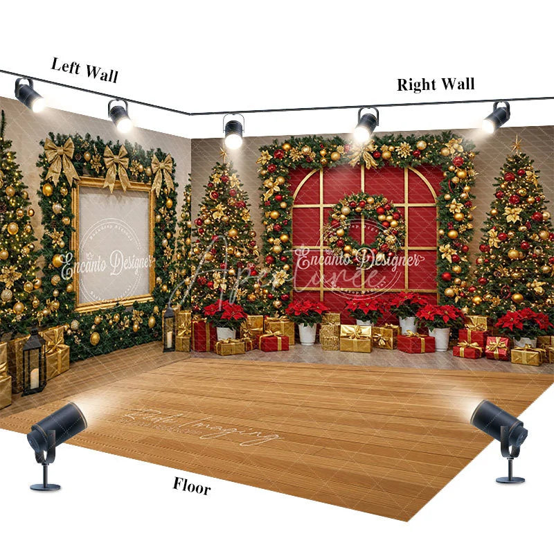 Aperturee - Aperturee Red and Gold Christmas Room Set Backdrop Elegant Holiday Wreath Decorated Xmas Trees Photo Props
