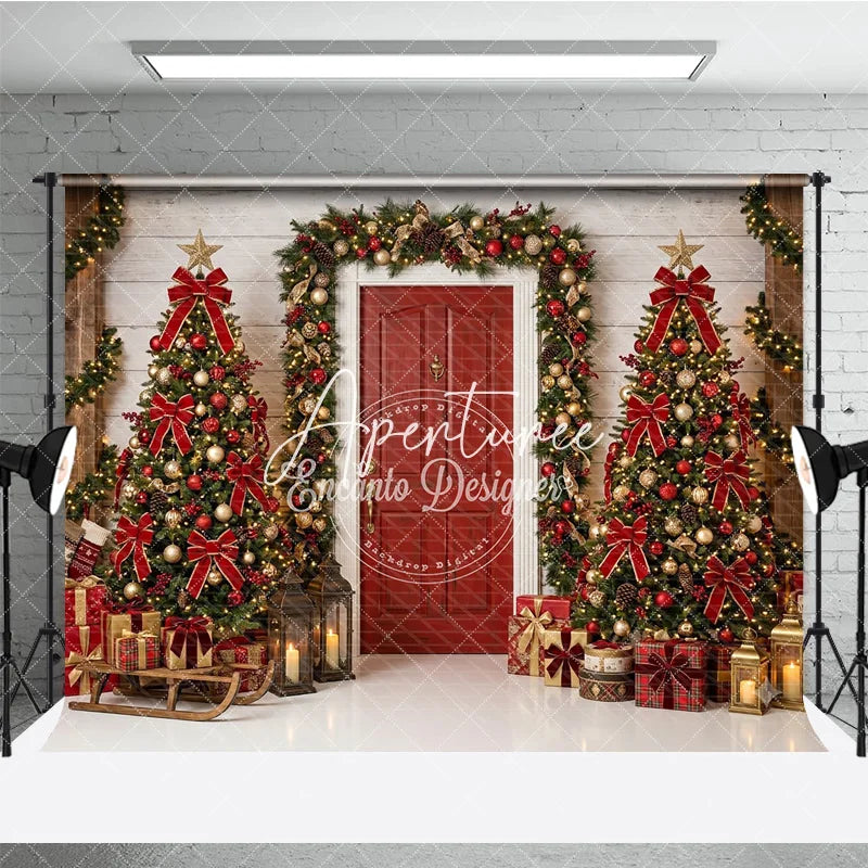 Aperturee - Aperturee Red and Gold Christmas Trees Holiday Backdrop with Festive Garland and Presents Cozy Winter Celebration Decor