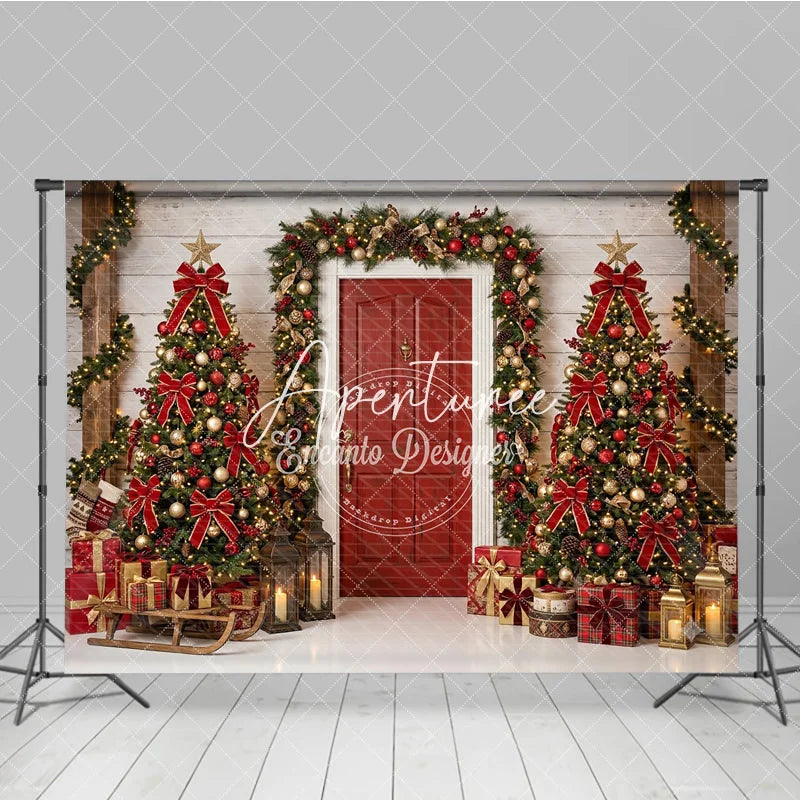 Aperturee - Aperturee Red and Gold Christmas Trees Holiday Backdrop with Festive Garland and Presents Cozy Winter Celebration Decor