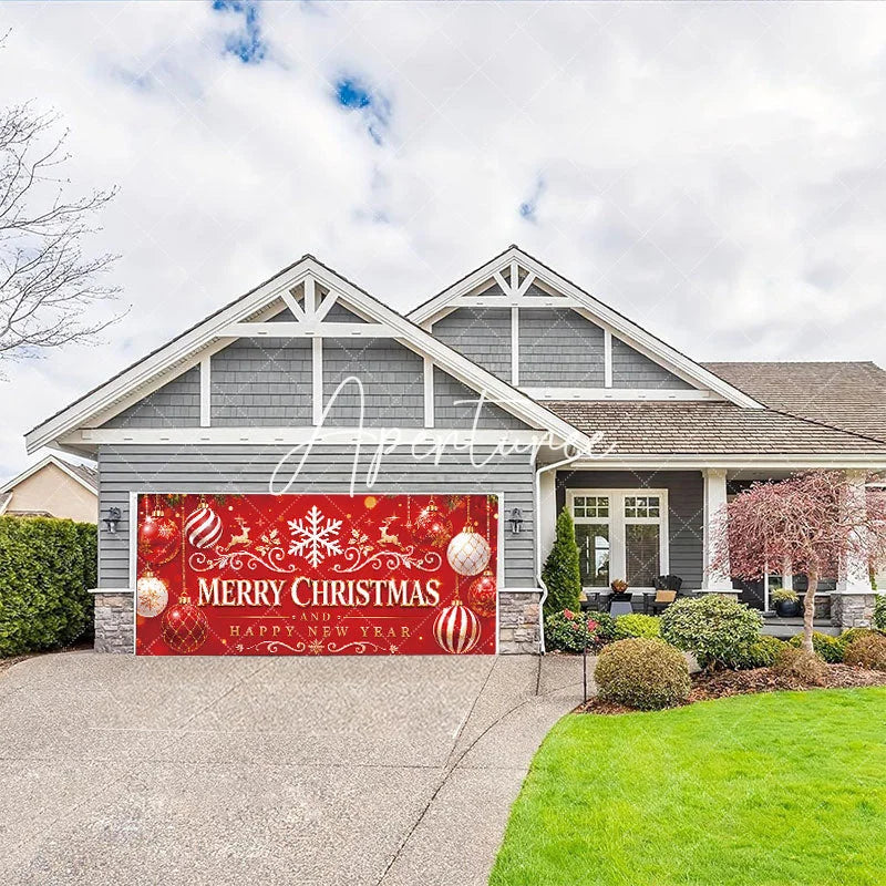 Aperturee - Aperturee Red and Gold Merry Christmas and Happy New Year Garage Door Banner Festive Holiday Ornaments and Reindeer Decor