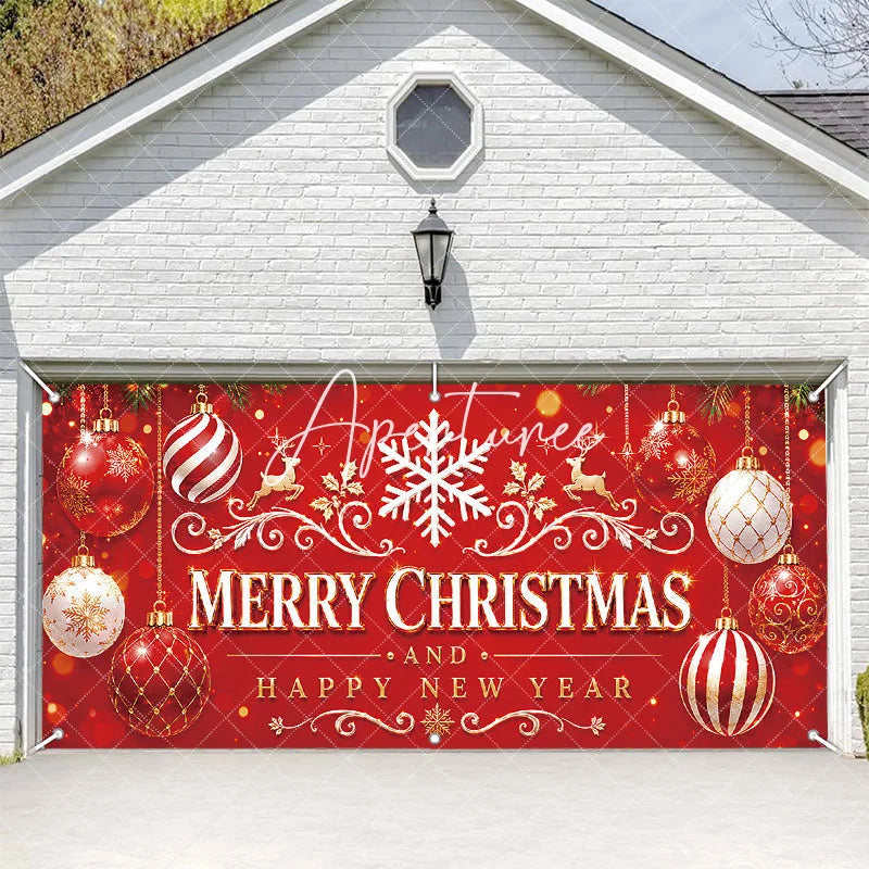 Aperturee - Aperturee Red and Gold Merry Christmas and Happy New Year Garage Door Banner Festive Holiday Ornaments and Reindeer Decor