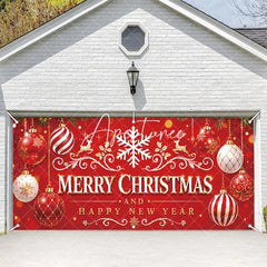Aperturee - Aperturee Red and Gold Merry Christmas and Happy New Year Garage Door Banner Festive Holiday Ornaments and Reindeer Decor