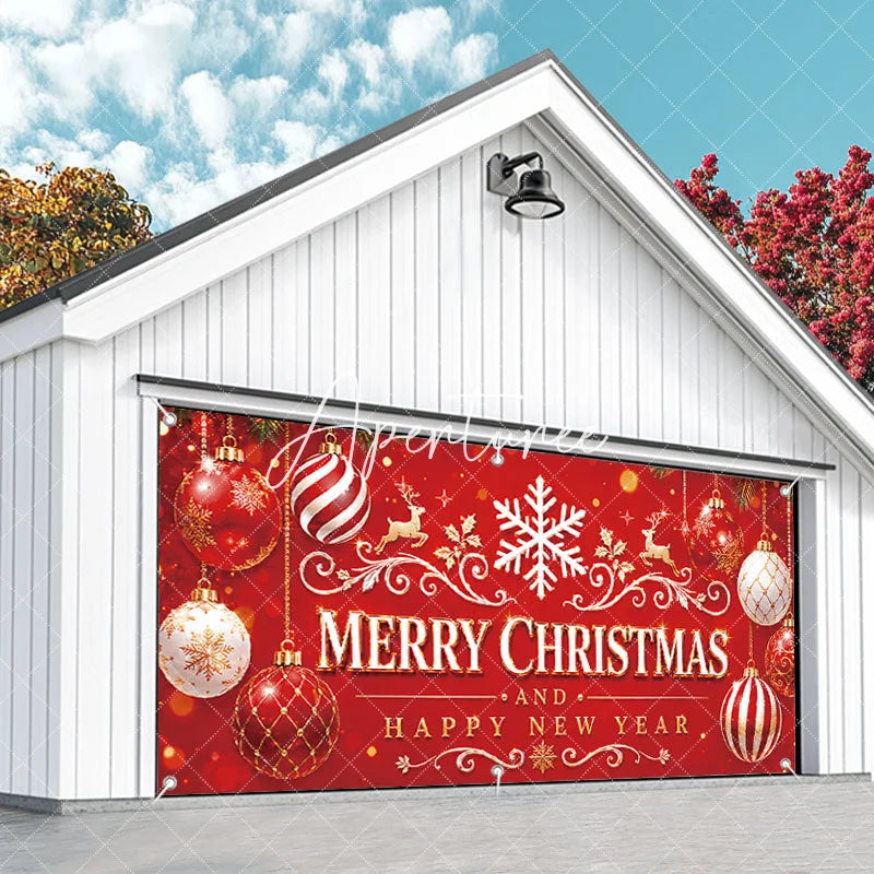 Aperturee - Aperturee Red and Gold Merry Christmas and Happy New Year Garage Door Banner Festive Holiday Ornaments and Reindeer Decor