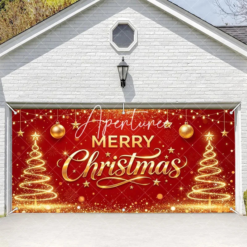 Aperturee - Aperturee Red and Gold Merry Christmas Glitter Garage Door Banner Festive Holiday Decor with Stars and Ornaments