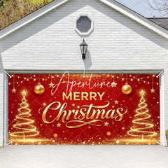Aperturee - Aperturee Red and Gold Merry Christmas Glitter Garage Door Banner Festive Holiday Decor with Stars and Ornaments