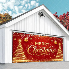 Aperturee - Aperturee Red and Gold Merry Christmas Glitter Garage Door Banner Festive Holiday Decor with Stars and Ornaments