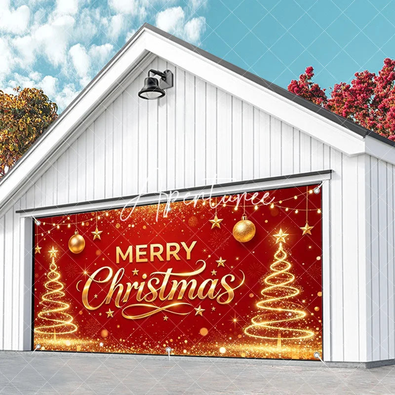 Aperturee - Aperturee Red and Gold Merry Christmas Glitter Garage Door Banner Festive Holiday Decor with Stars and Ornaments