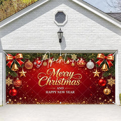 Aperturee - Aperturee Red and Gold Merry Christmas Happy New Year Garage Door Banner Festive Holiday Ornaments and Pine Branches Decor