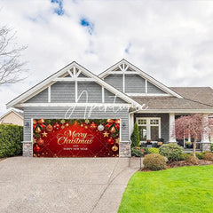 Aperturee - Aperturee Red and Gold Merry Christmas Happy New Year Garage Door Banner Festive Holiday Ornaments and Pine Branches Decor