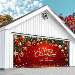 Aperturee - Aperturee Red and Gold Merry Christmas Happy New Year Garage Door Banner Festive Holiday Ornaments and Pine Branches Decor