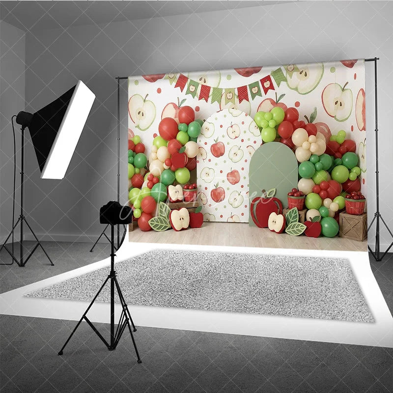 Aperturee - Aperturee Red and Green Apple Theme Photography Backdrop with Balloon Garland and Arch Cutouts for Birthday Party
