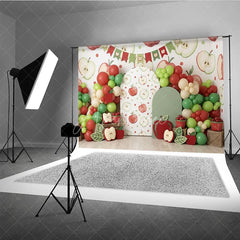 Aperturee - Aperturee Red and Green Apple Theme Photography Backdrop with Balloon Garland and Arch Cutouts for Birthday Party
