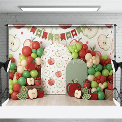 Aperturee - Aperturee Red and Green Apple Theme Photography Backdrop with Balloon Garland and Arch Cutouts for Birthday Party