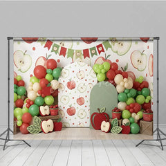 Aperturee - Aperturee Red and Green Apple Theme Photography Backdrop with Balloon Garland and Arch Cutouts for Birthday Party