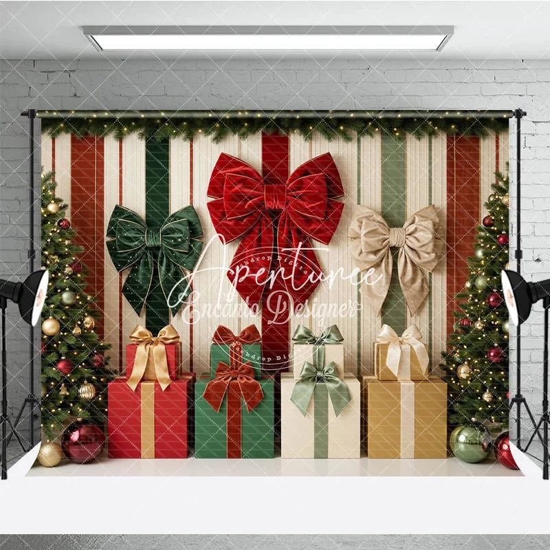 Aperturee - Aperturee Red and Green Christmas Trees with Gifts and Velvet Bows Holiday Backdrop Festive Striped Background Decor