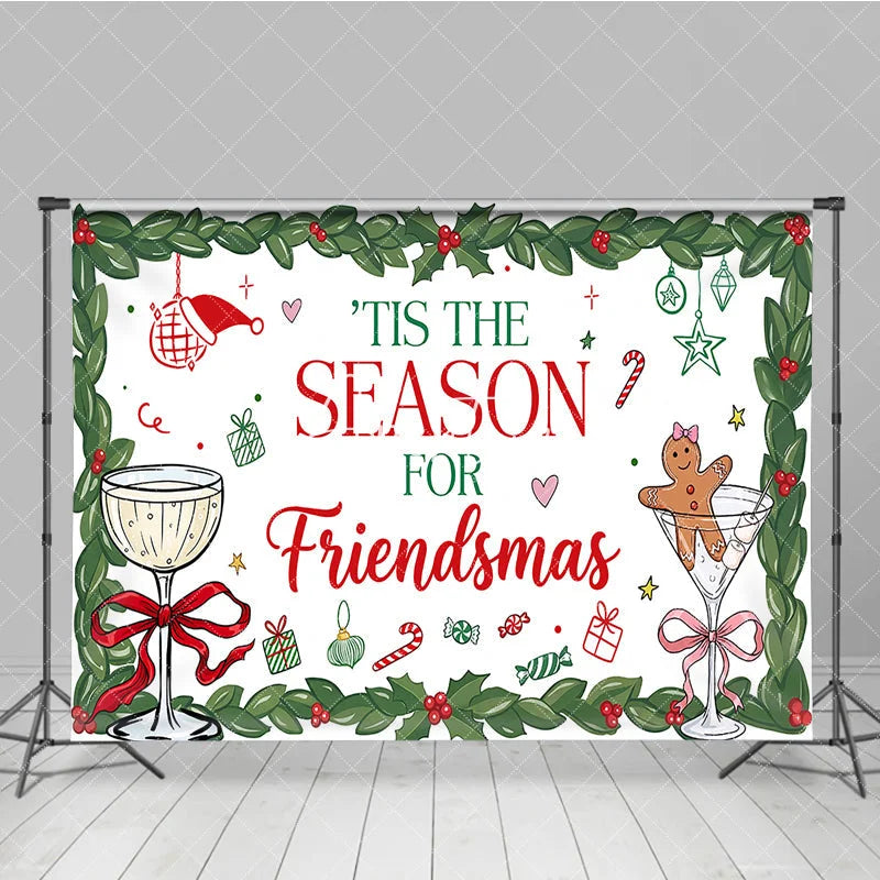 Aperturee - Aperturee Red and Green Holly Friendsmas Holiday Backdrop with Gingerbread Man and Champagne Glasses Festive Party Decor.