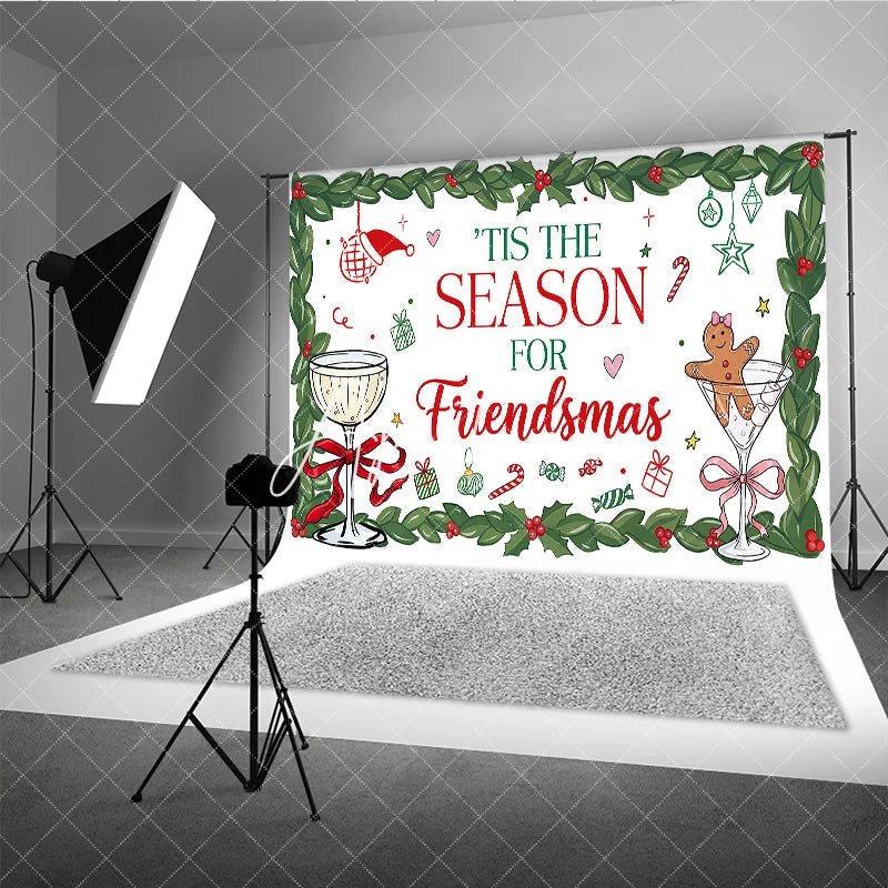 Aperturee - Aperturee Red and Green Holly Friendsmas Holiday Backdrop with Gingerbread Man and Champagne Glasses Festive Party Decor.