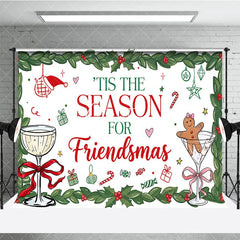 Aperturee - Aperturee Red and Green Holly Friendsmas Holiday Backdrop with Gingerbread Man and Champagne Glasses Festive Party Decor.