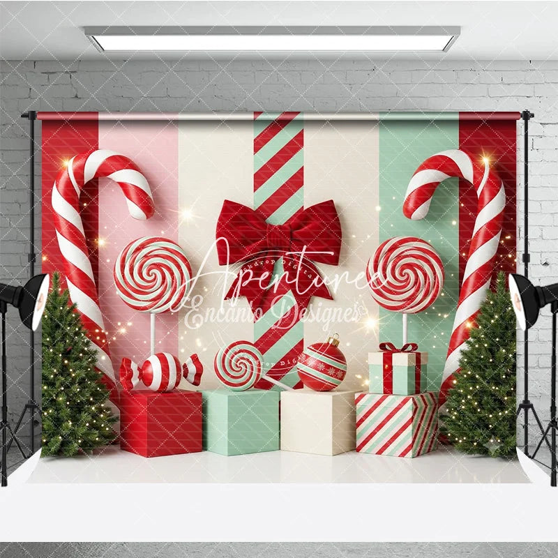 Aperturee - Aperturee Red and Mint Green Candy Land Holiday Backdrop with Festive Christmas Trees Lollipops and Gift Boxes
