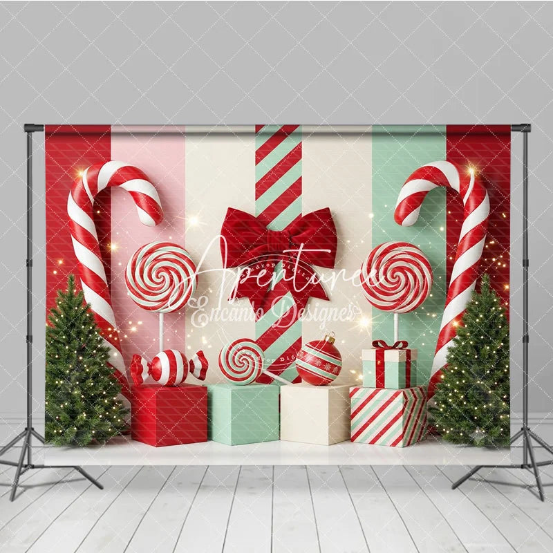 Aperturee - Aperturee Red and Mint Green Candy Land Holiday Backdrop with Festive Christmas Trees Lollipops and Gift Boxes
