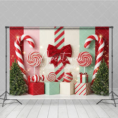 Aperturee - Aperturee Red and Mint Green Candy Land Holiday Backdrop with Festive Christmas Trees Lollipops and Gift Boxes