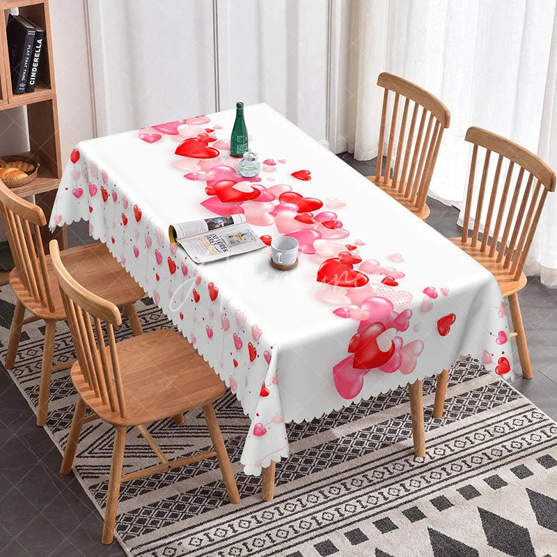 Aperturee - Aperturee Red and Pink Flowing Heart Rectangle Tablecloth Diagonal Love Stream Pattern Romantic Valentine Dining Decor