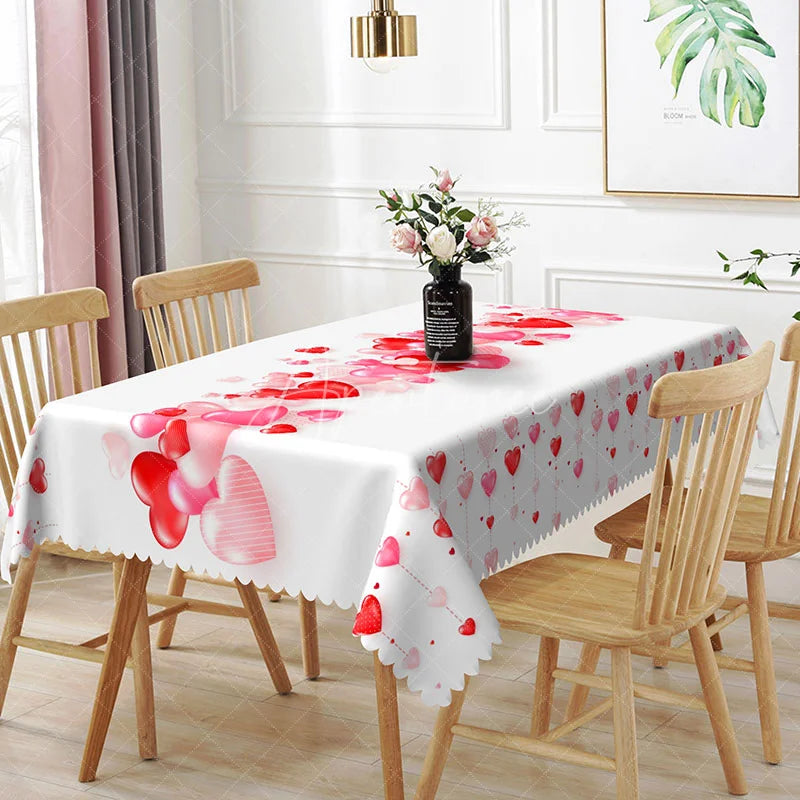 Aperturee - Aperturee Red and Pink Flowing Heart Rectangle Tablecloth Diagonal Love Stream Pattern Romantic Valentine Dining Decor