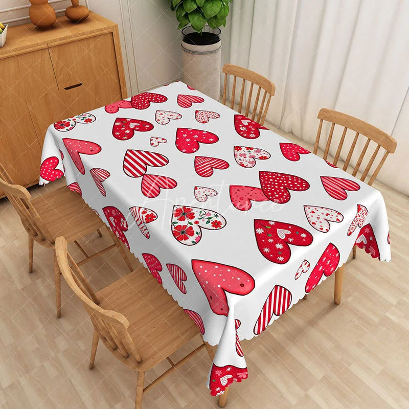Aperturee - Aperturee Red and Pink Patterned Heart Rectangle Tablecloth Valentine Day Love Table Cover Romantic Wedding Anniversary Decor