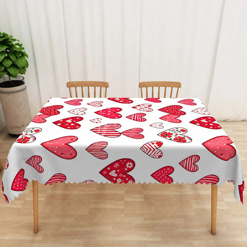 Aperturee - Aperturee Red and Pink Patterned Heart Rectangle Tablecloth Valentine Day Love Table Cover Romantic Wedding Anniversary Decor