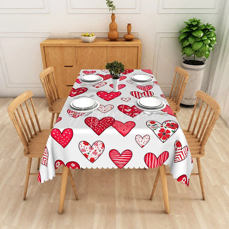 Aperturee - Aperturee Red and Pink Patterned Heart Rectangle Tablecloth Valentine Day Love Table Cover Romantic Wedding Anniversary Decor