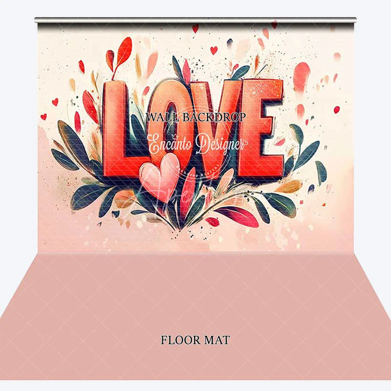 Aperturee - Aperturee Red and Pink Watercolor LOVE Combo Set Backdrop Romantic Floral Hearts for Valentine’s Day Party