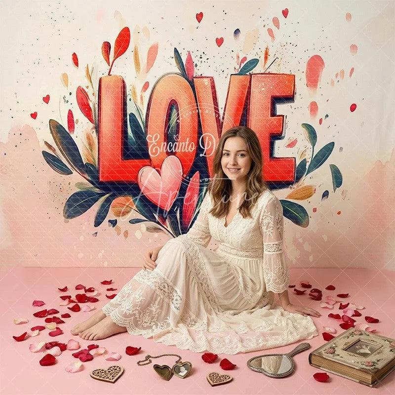 Aperturee - Aperturee Red and Pink Watercolor LOVE Combo Set Backdrop Romantic Floral Hearts for Valentine’s Day Party