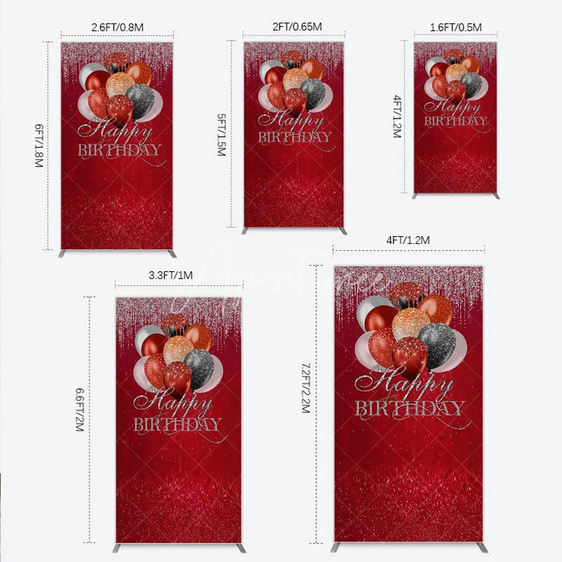 Aperturee - Aperturee Red and Silver Glitter Happy Birthday Balloons Rectangle Arch Backdrop Elegant Black and Gold Party Decor.