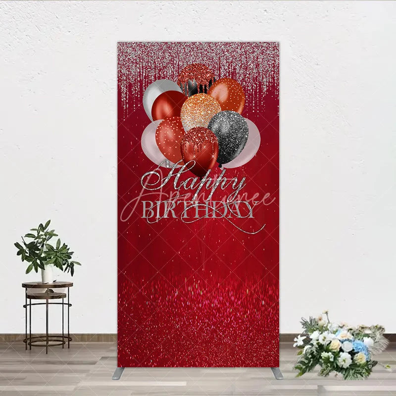 Aperturee - Aperturee Red and Silver Glitter Happy Birthday Balloons Rectangle Arch Backdrop Elegant Black and Gold Party Decor.