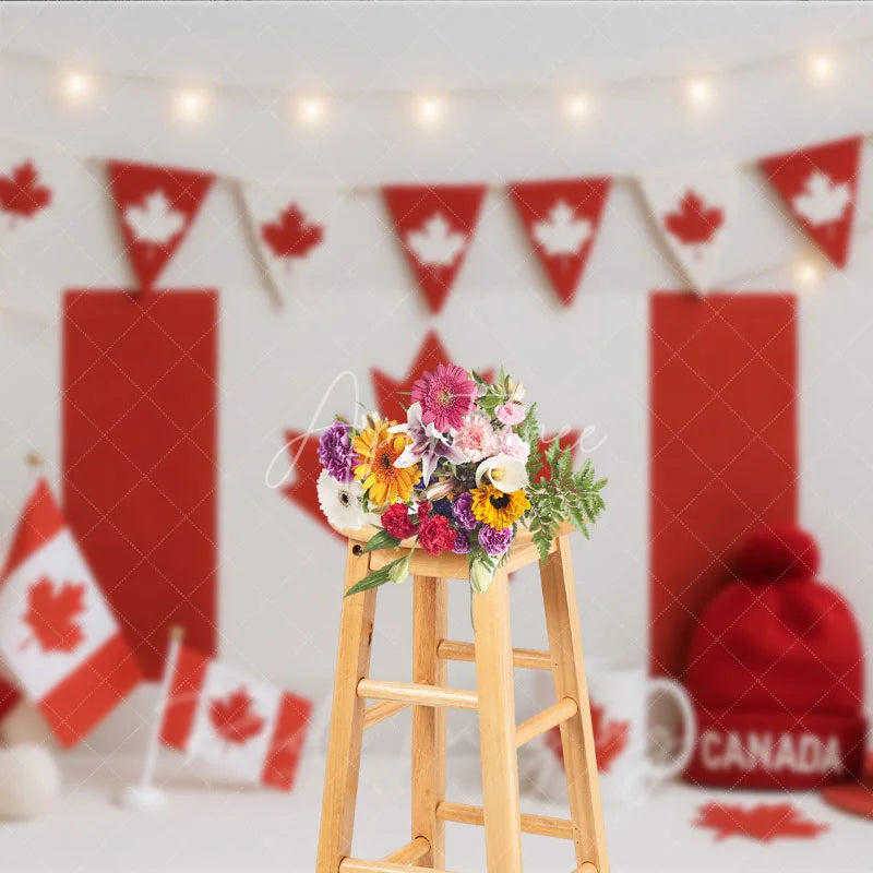 Aperturee - Aperturee Red and White Canadian Flag Photography Backdrop with Maple Leaf Bunting Festive National Day Celebration Decor