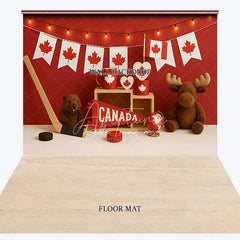 Aperturee - Aperturee Red and White Canadian Maple Leaf Combo Set Backdrop Featuring Beaver Moose Hockey and Canada Pennant